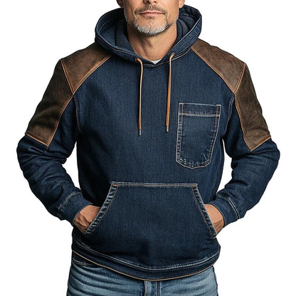 Men's Vintage Denim Paneled Leather Pocket Long Sleeve Hoodie