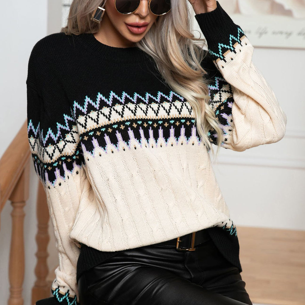 Pop Jacquard Twisted Twisted Retro Long-sleeved Knitted Pullover Sweater For Women