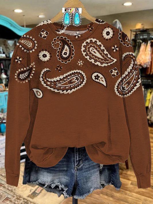 Vintage Brown Ethnic Cashew Flower Print Casual  Sweatshirt