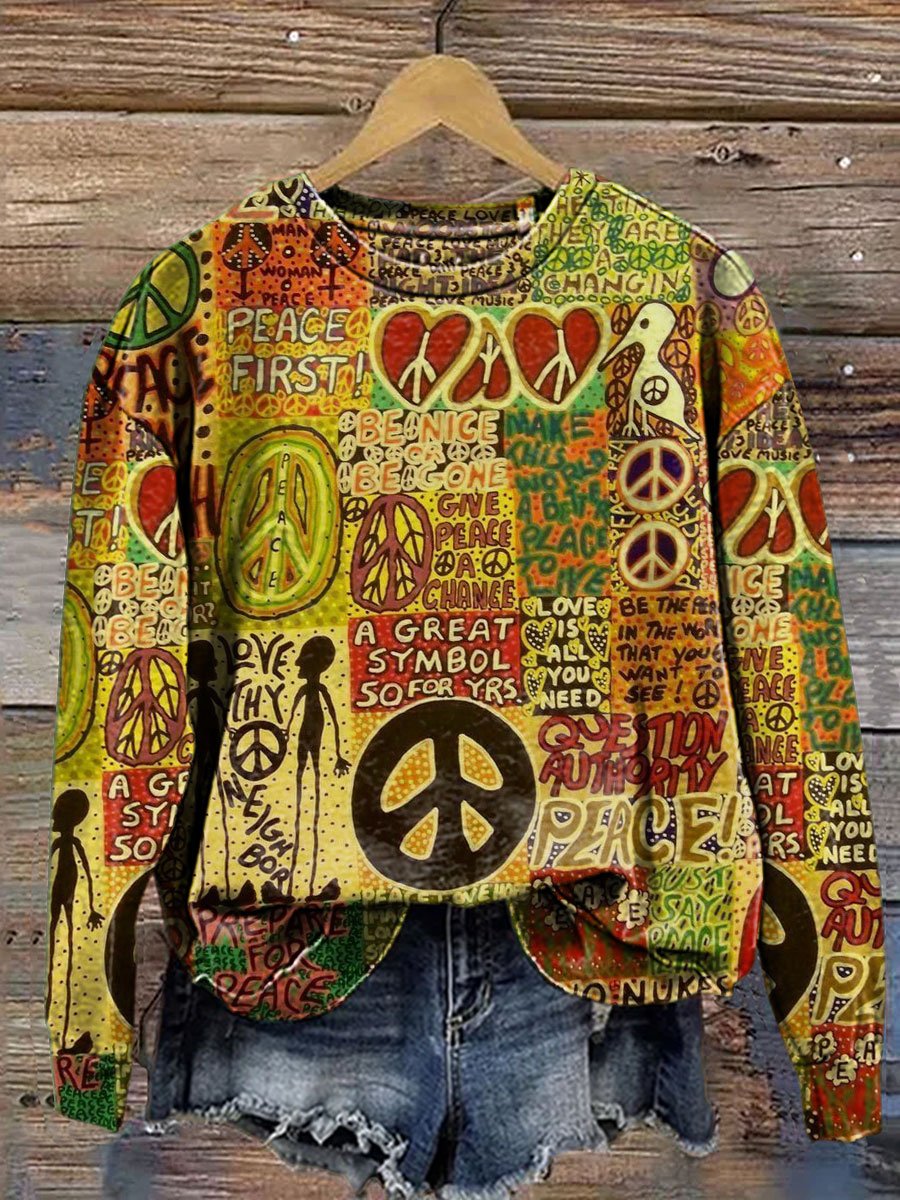 Retro Hippie Print  Casual Sweatshirt