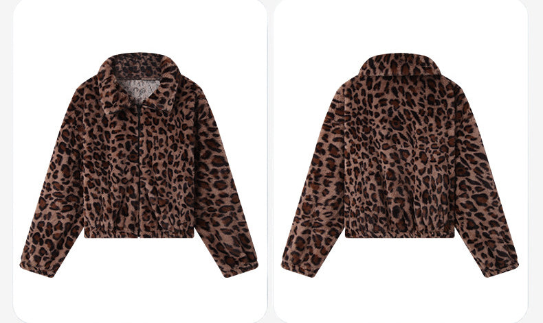 Women's Loose Zipper Long Sleeve Leopard Print Plush Jacket