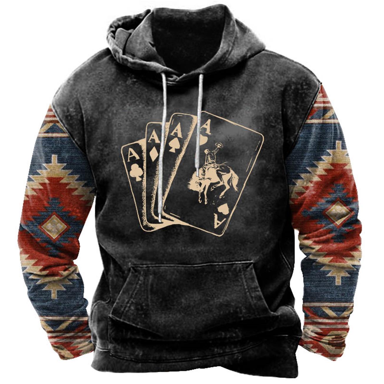 Men's Vintage Ethnic Cowboy Playing Cards Western Print Hoodie