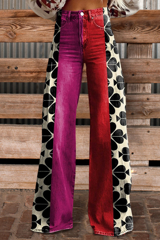 Retro Print Patchwork Flared Trousers