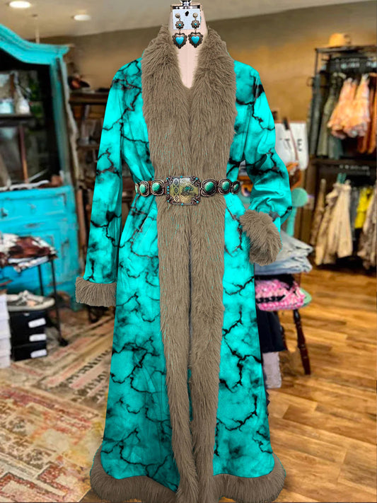 Women's Stone Pattern Art Print Fur Patchwork Suede Long Afghan Coat