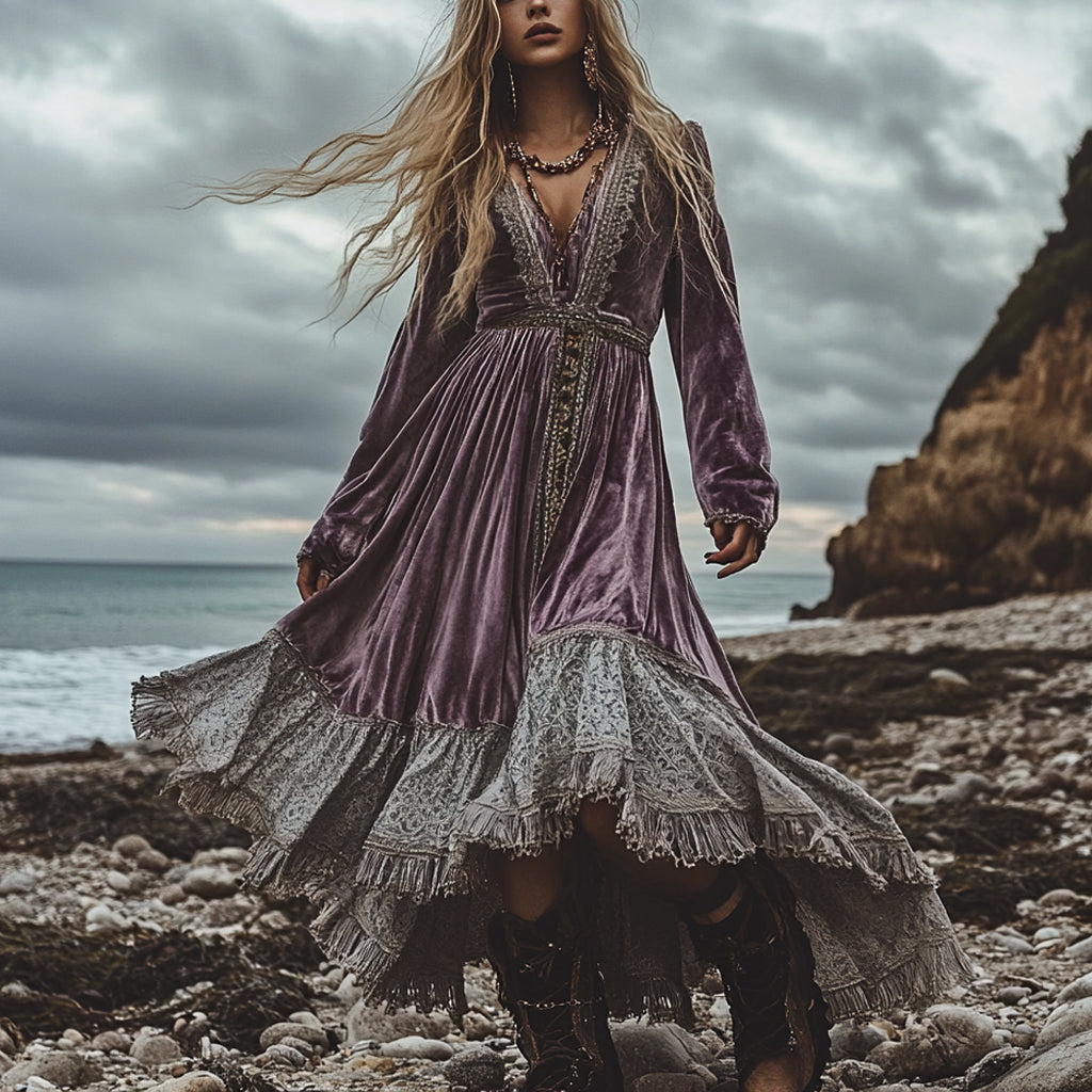 Breezy Bohemian Beach Vacation Autumn And Winter Velvet Ethnic Style Fluttering Dress