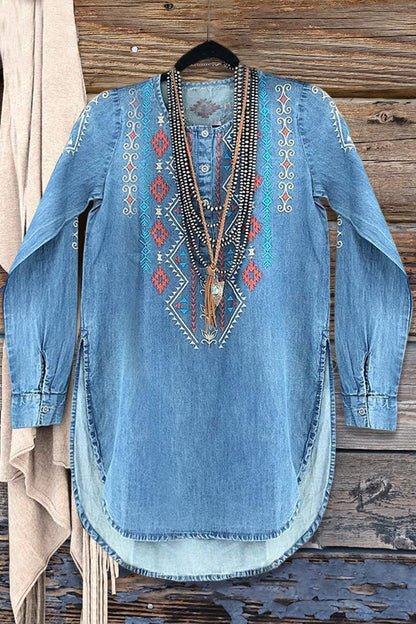 Western Embroidered Long Denim Top