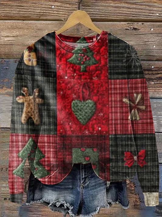 Vintage Christmas Patchwork Art Print Casual Sweatshirt