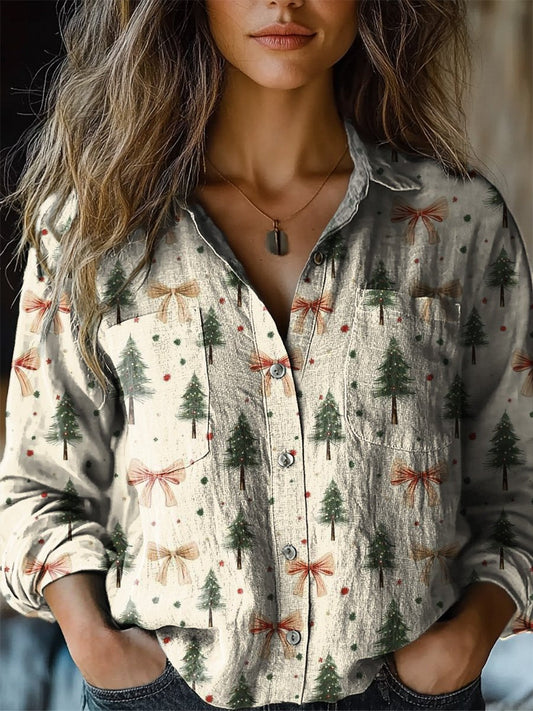 Lovely Christmas Tree And Ribbon Pattern Printed Women's Casual Long Sleeve Comfortable Cotton Shirt