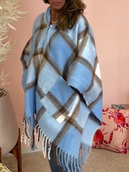 Women's Hooded Long-sleeved Plaid Tassel Cape Coat