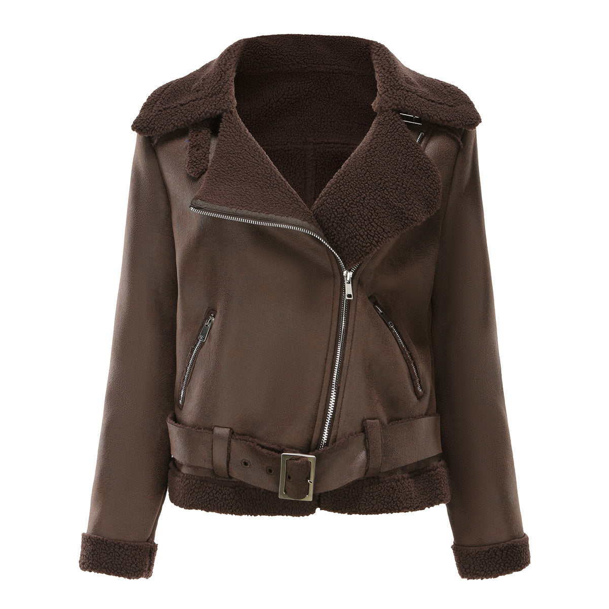 Women's Leather Jacket With Belt And Lapel Coat