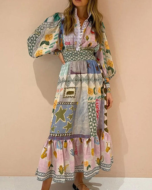 Printed and Painted Long-Sleeved Fashionable Casual Long Dress