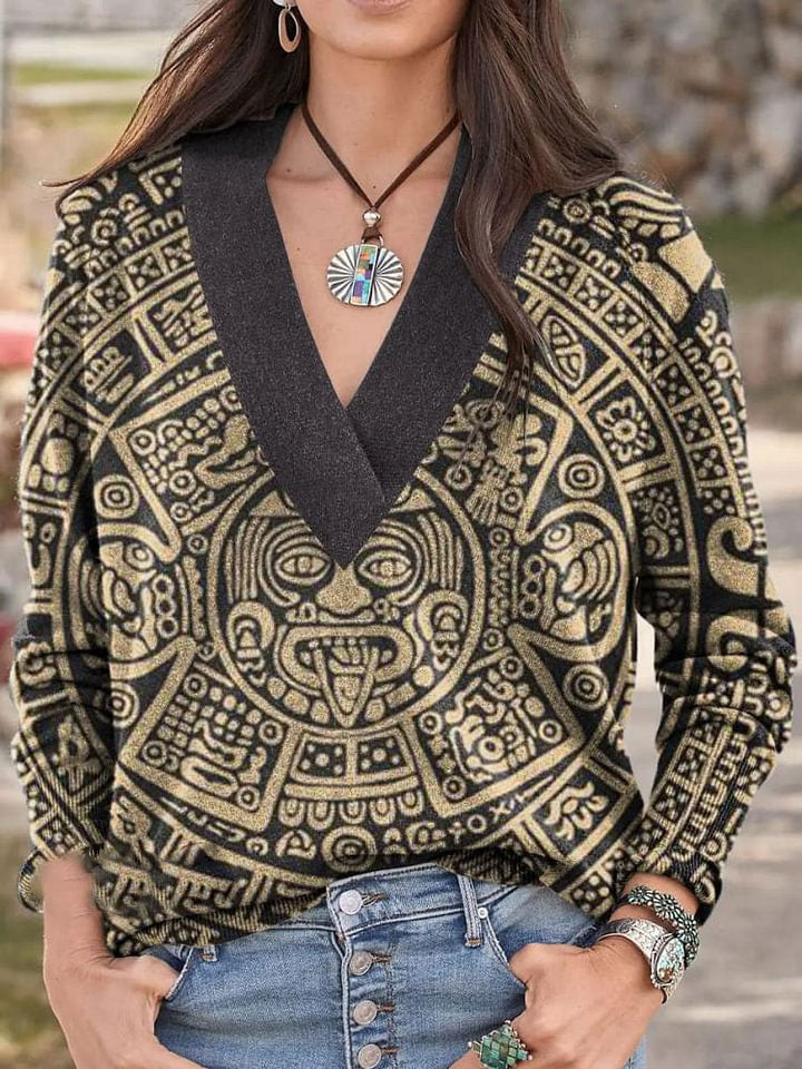 Ancient Mayan Art Print Knit V-neck Pullover Sweater