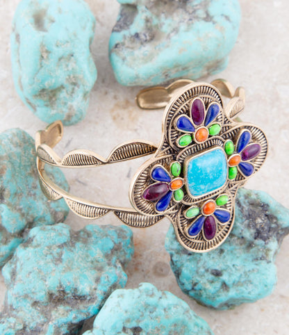 Zion Blue Turquoise Multi-Stone Golden Cuff Bracelet