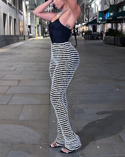 Sexy High-Waisted Striped Knit Patchwork Long Trousers