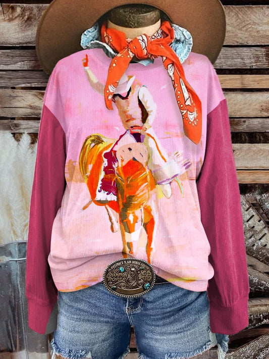 Women's Fashion Wild Cowboy Art Print Casual Print Corduroy Sweatshirt