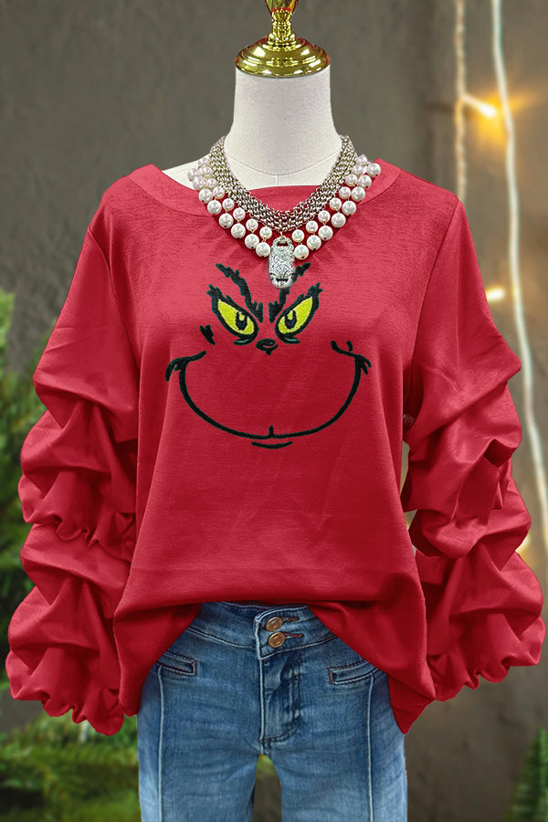 Sweet Christmas Grinch Print Pleated Sweatshirt