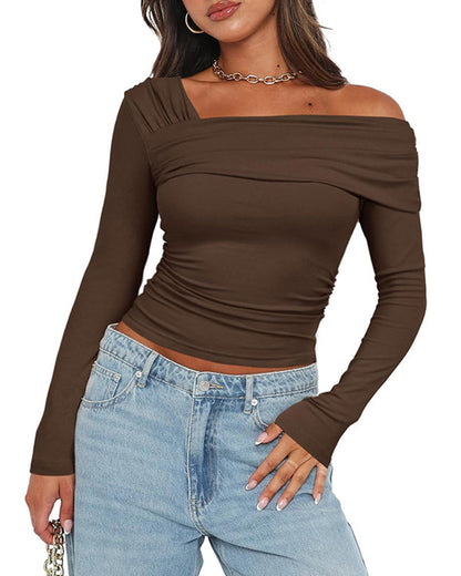 One-Shoulder Long-Sleeved Open-Back Gathered Top T-Shirt