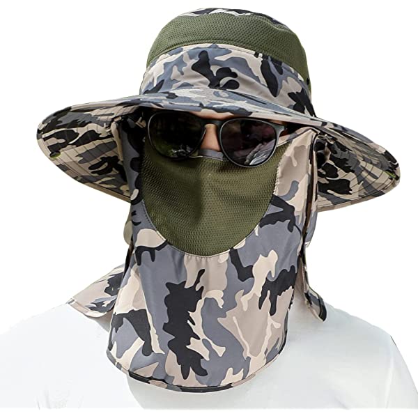 UPF 50+ Sun Fishing Hat for Men Women Wide Brim Hat with Detachable Face Cover & Neck Flap Khaki