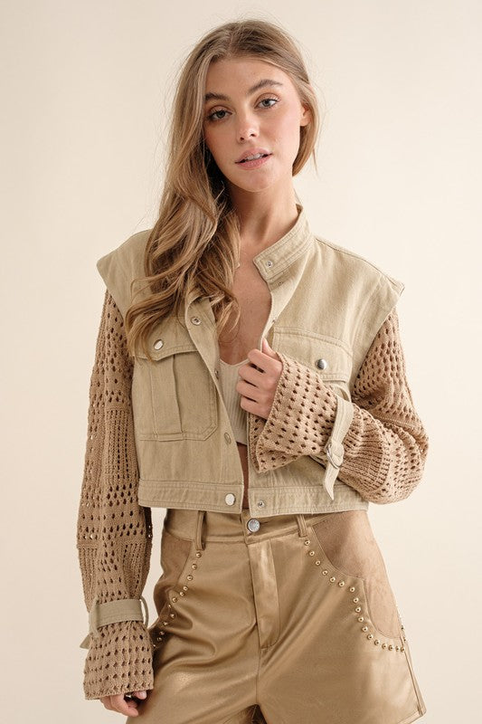 Twill Crop Crochet Sleeve Jacket  choice of colros