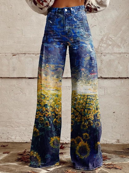 Women's Vintage Oil Painting Floral Wide Leg Pants