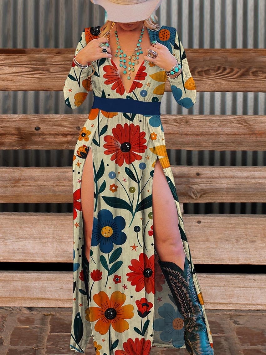 Women's Colorful Flowers Slit Deep V Neck Dress