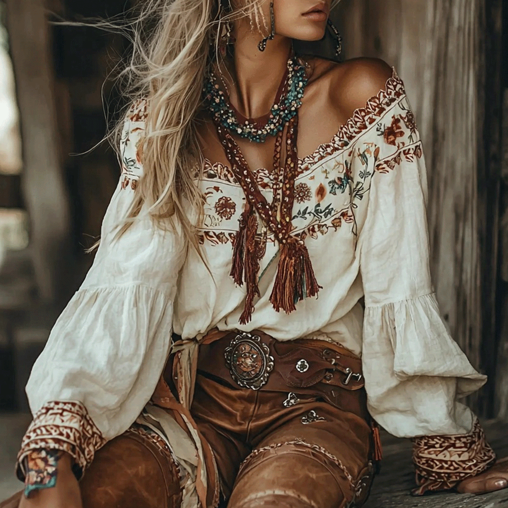 Women's Bohemian Gypsy Floral Collar Shirt