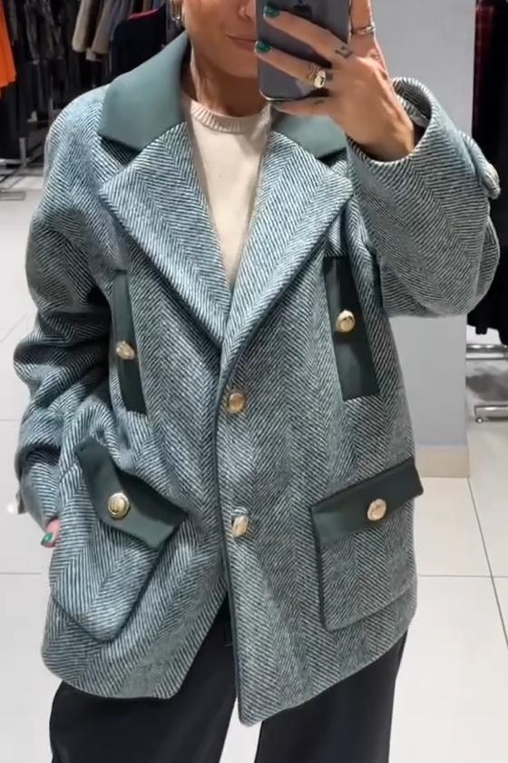 Women's Herringbone Color-blocked Lapel Jacket