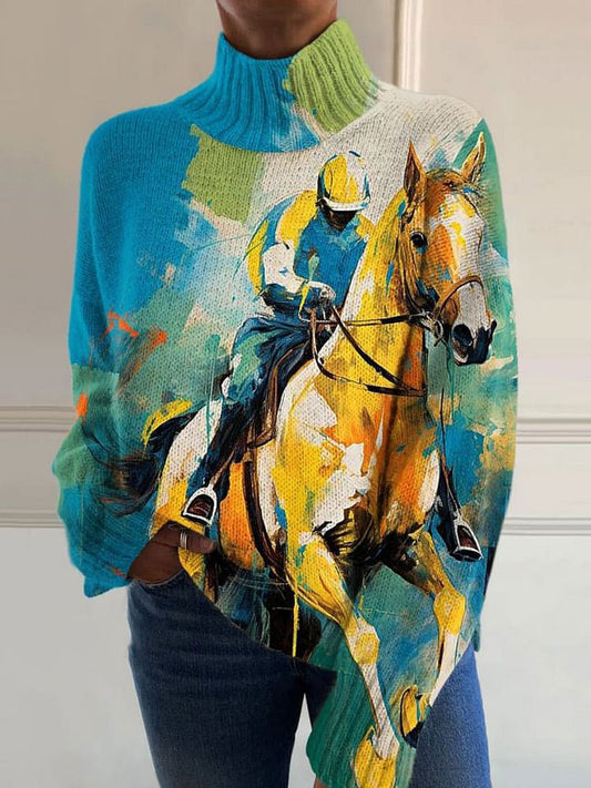 Vintage Colorful Standing Horse Print Knit Turtleneck Pullover Sweater