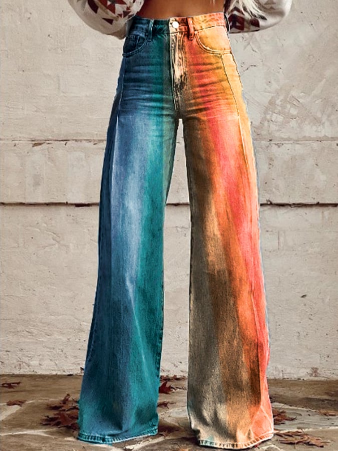 Women's Retro Gradient Color Block Wide Leg Pants