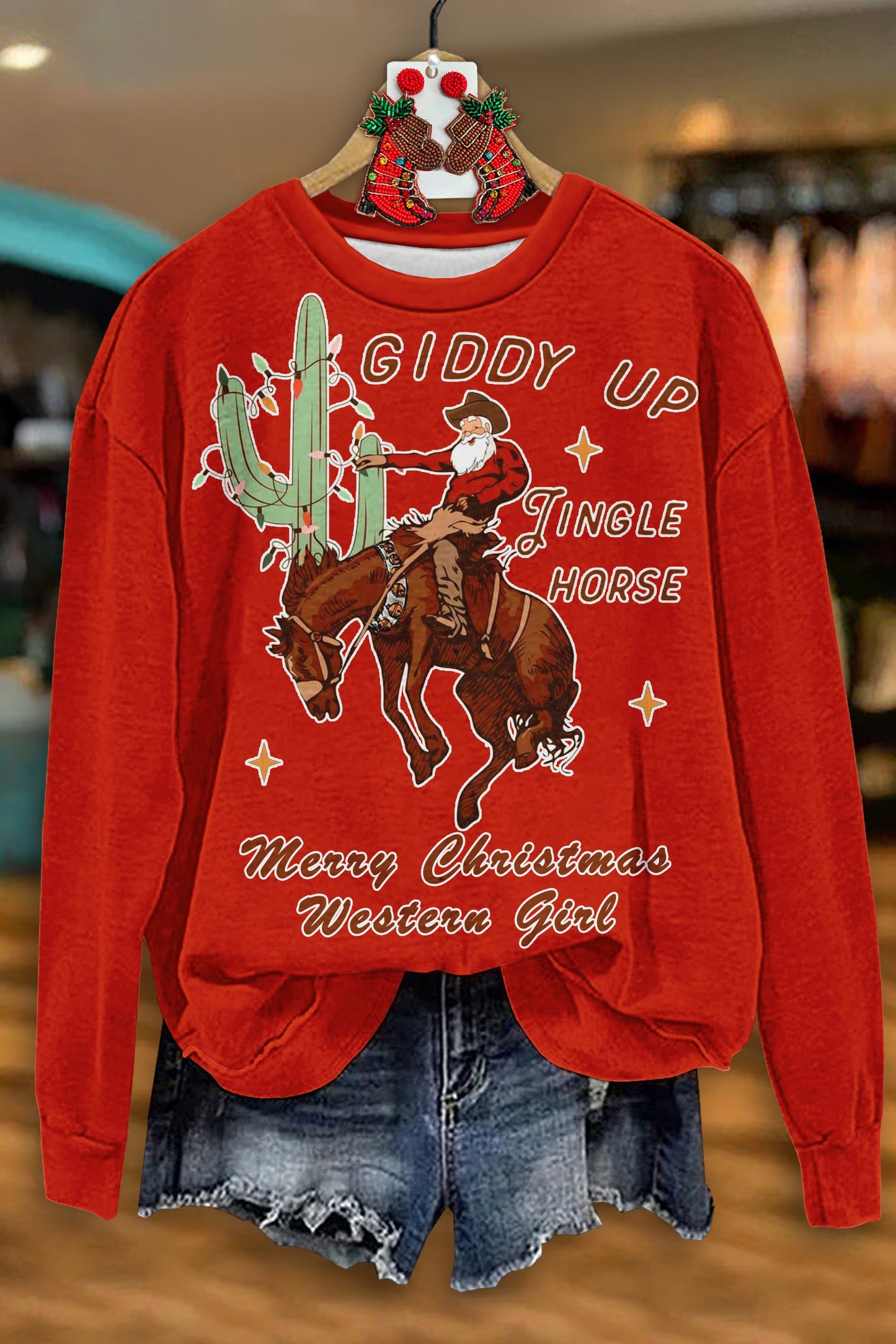 Casual Western Christmas Print Long Sleeve Top