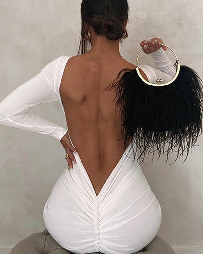 Ruched Open Back Long Sleeve Maxi Dress