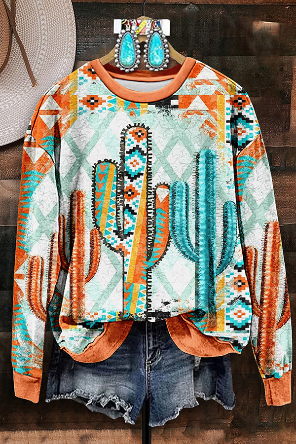 Retro Western Aztec Cactus Print Sweatshirt