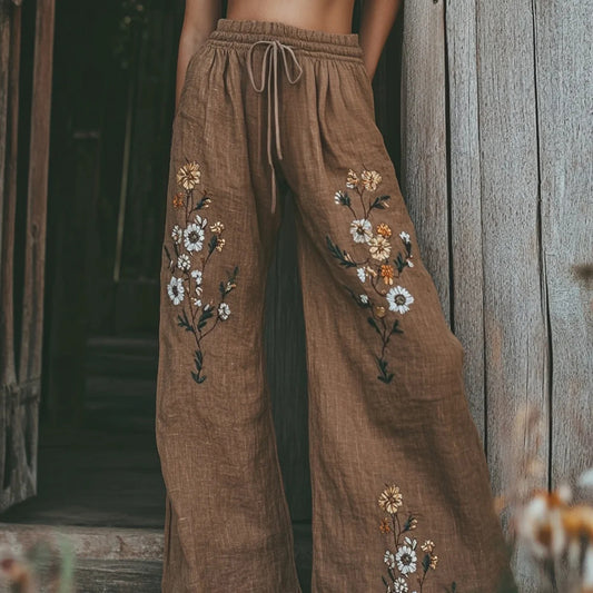 Women's Vintage Floral Embroidery Pattern Printed Linen Blend Casual Pants