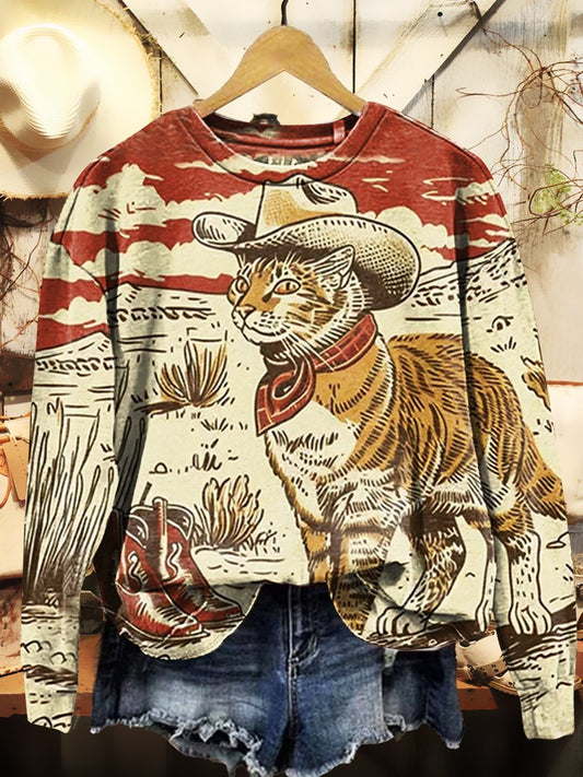 Vintage Cowboy Cat Print Casual Sweatshirt