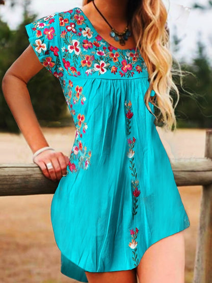 Crew Neck Short Sleeve Floral-Print Dresses