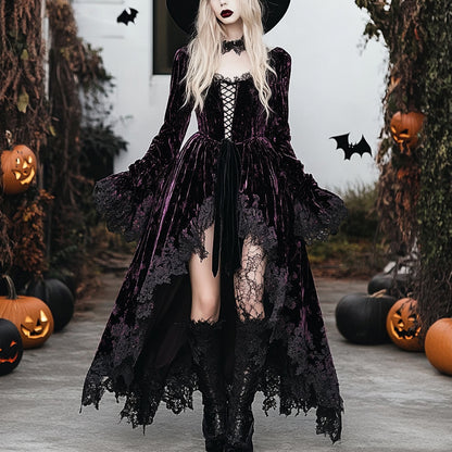 Halloween Party Gothic Witch Velvet Lace Splicing Dress