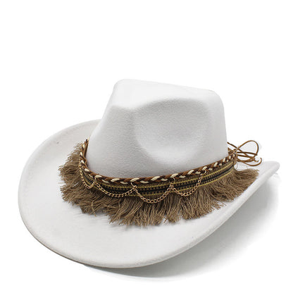 Unisex Fall Vintage Western Cowboy Woolen Tassel Sun Protection Wide Brim Hat