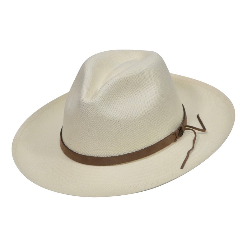 Original Panama Hat - Wide Brim Classic Fedora - White Straw - Brown Leather Band - Handmade in Ecuador by Ecua-Andino - EA-FREE SHIPPING