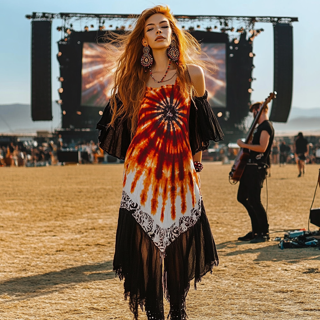 Coachella Music Festival Rock Rave Party Tie-Dye Ruffle Floral Fringed Lace Vintage Dress