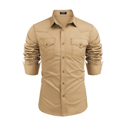 Men's Western Cowboy Shirts Long Sleeve Cotton Casual Shirt-Khaki