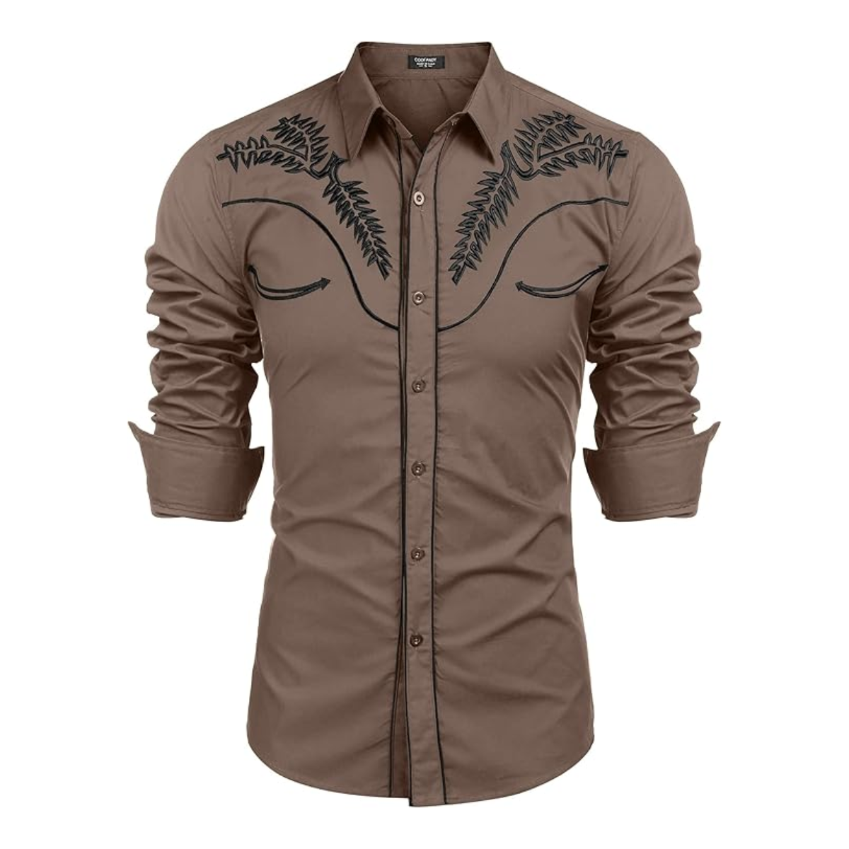 Men's Western Shirts Long Sleeve Slim Fit Embroideres Shirt-Khaki