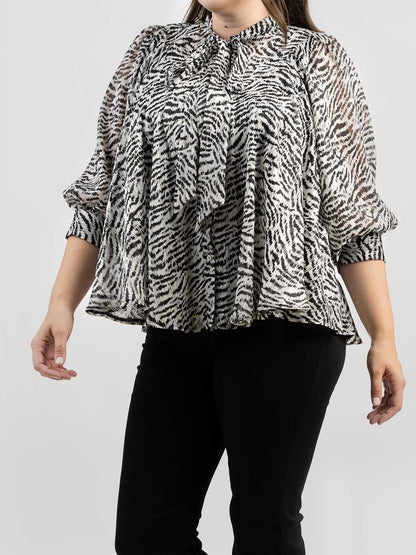 Plus Size Women Zebra Print Oversized 3/4 Sleeve Round Neck With Knot Blouse