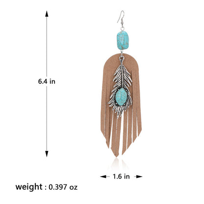 Rustic Couture's® Leather Feather Natural Stone Dangling Earring