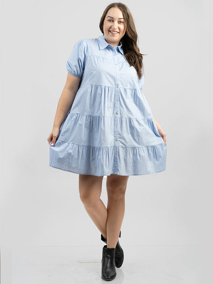 Women Poplin Short Sleeve Layered Shirt Dress