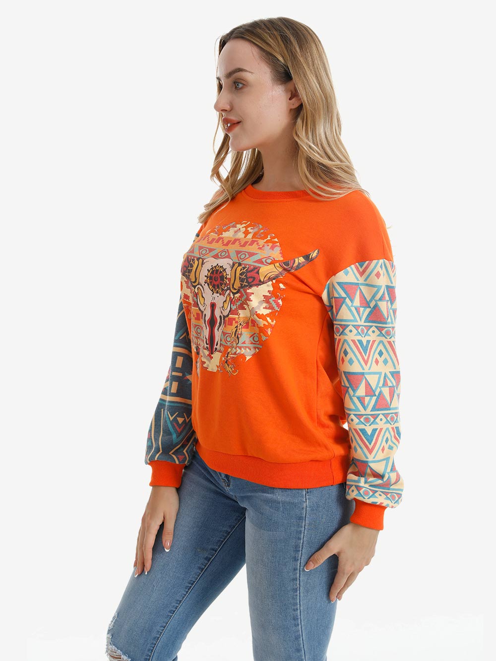 American Bling Women Vintage Bull Skull Aztec Style Sweatshirt