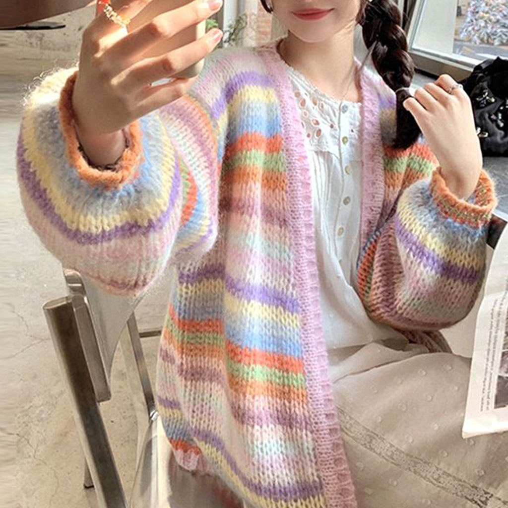 Rainbow Striped Sweater Coat For Women Autumn And Winter Mid-length Loose Color Matching Mohair Knitted Cardigan