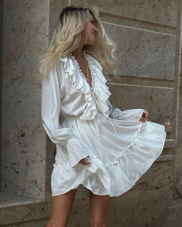 V-Neck Smocked Bell-Sleeved Ruffled White Mini Dress