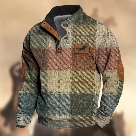 Men's Vintage Country Western Horse Pink Green Wool Plaid Print Stand Collar Sweatshirt