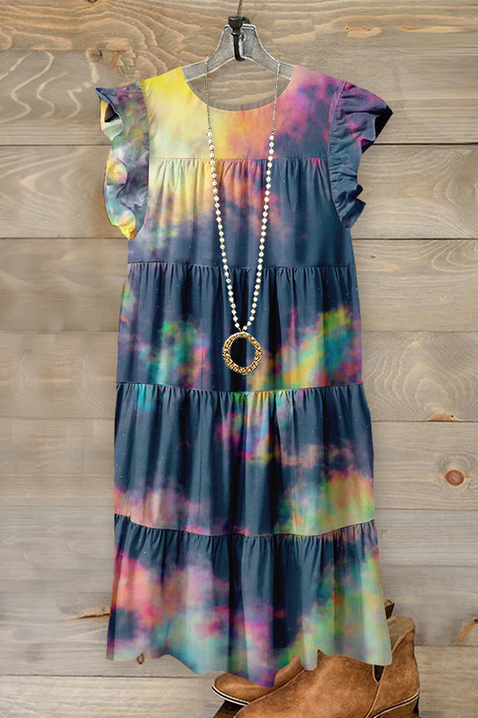 Sweet Psychedelic Starry Sky Print Ruffled Pleated Dress