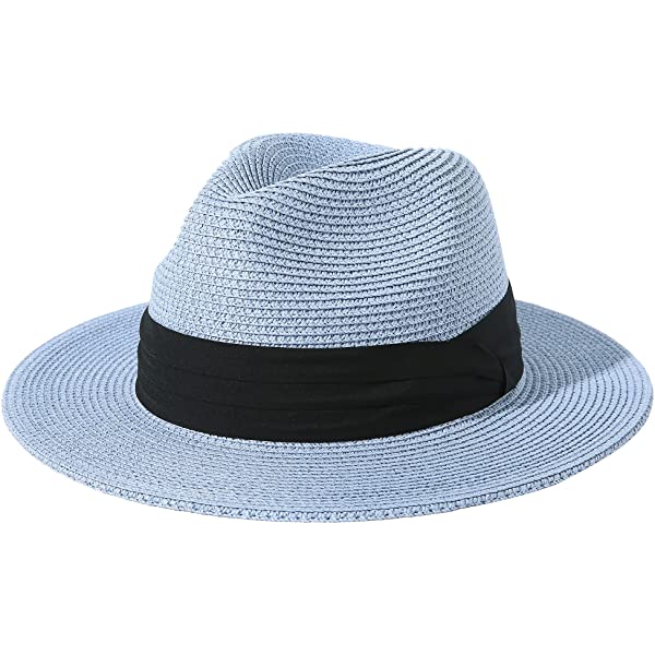 Wide Brim Straw Panama Roll up Hat Belt Buckle Fedora Beach Sun Hat